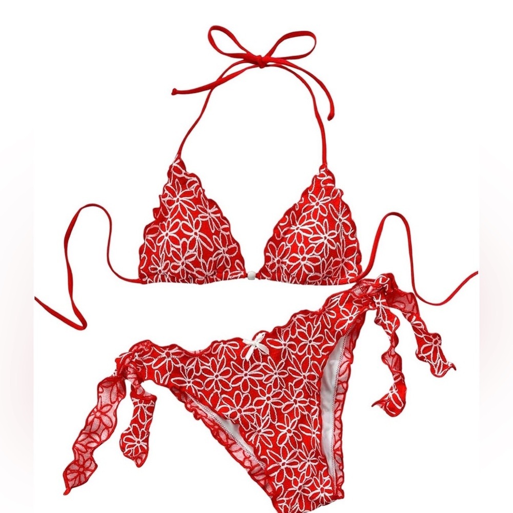 Red Floral Embroidered Bikini Set | Triangle Top Tie Side Bottom  Swimsuit